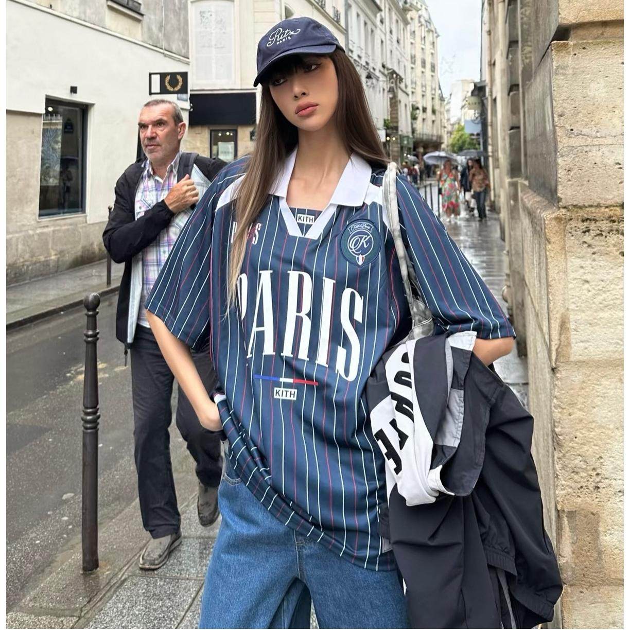 Original Kith City Collaboration Retro Street Casual Loose Unisex Lapel Short Sleeve Soccer Shirt Color-Blocked T-Shirt