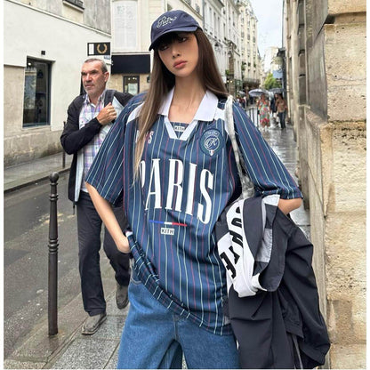 Original Kith City Collaboration Retro Street Casual Loose Unisex Lapel Short Sleeve Soccer Shirt Color-Blocked T-Shirt