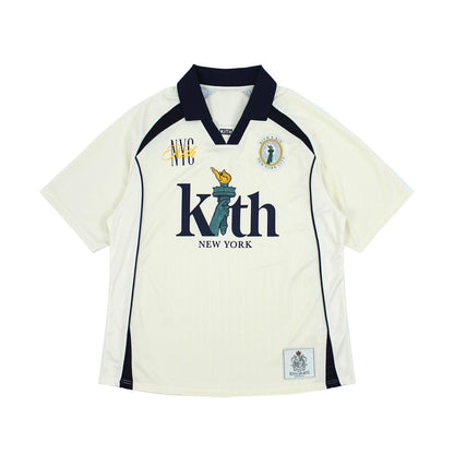 Original Kith City Collaboration Retro Street Casual Loose Unisex Lapel Short Sleeve Soccer Shirt Color-Blocked T-Shirt